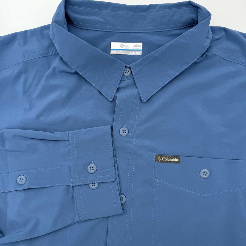 Columbia Men's Long Sleeve‎ Button Up Solid Blue XXL 2XL Hunting Fishing Pocket